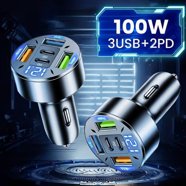 100W 5-in-1 Fast Car Charger – 3 USB + 2 USB-C PD Ports with Digital Voltage Display | Universal Car Phone Charger