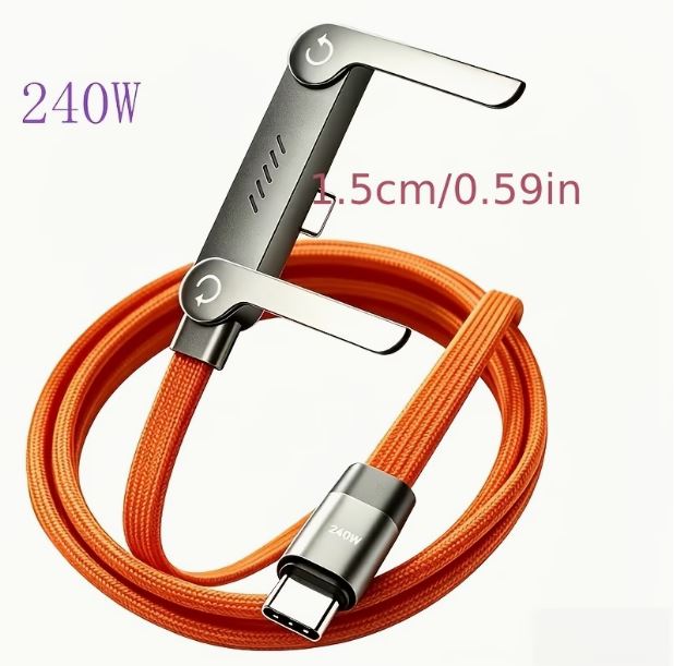 240W Foldable USB-C Fast Charging Cable with Phone Stand – Multi-Angle Rotating Holder, Braided Nylon Charging Cord