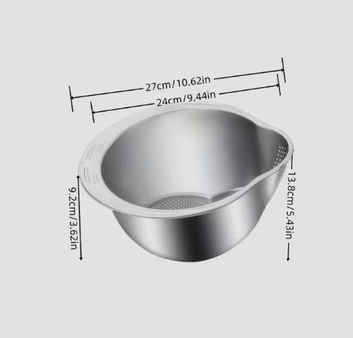 Stainless Steel Rice Washing Bowl with Drain Holes – Multipurpose Strainer Colander for Rice, Fruit & Vegetables