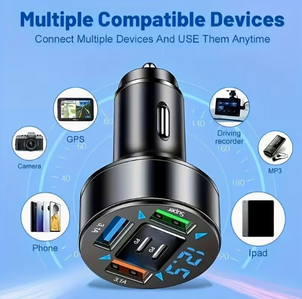 100W 5-in-1 Fast Car Charger – 3 USB + 2 USB-C PD Ports with Digital Voltage Display | Universal Car Phone Charger