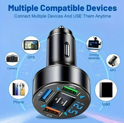 100W 5-in-1 Fast Car Charger – 3 USB + 2 USB-C PD Ports with Digital Voltage Display | Universal Car Phone Charger