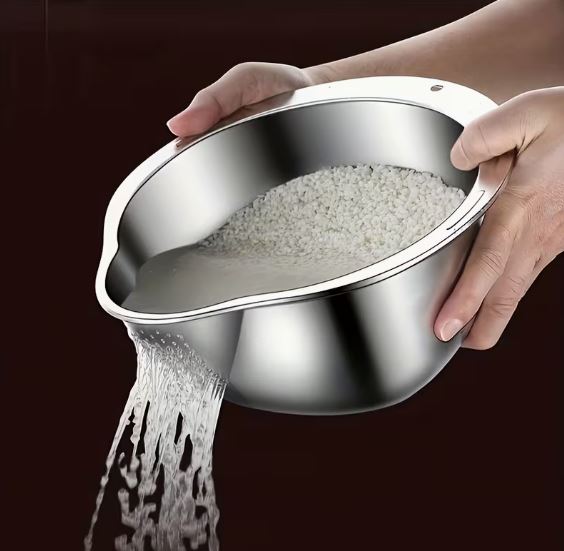 Stainless Steel Rice Washing Bowl with Drain Holes – Multipurpose Strainer Colander for Rice, Fruit & Vegetables