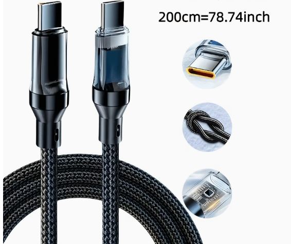 240W USB-C to USB-C Fast Charging Cable with LED Digital Display – Braided PD Charge Cord, 200cm