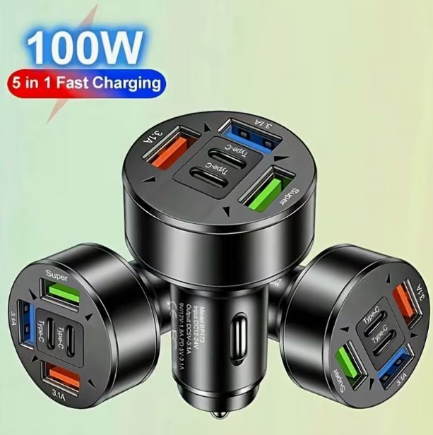 100W 5-in-1 Fast Car Charger – 3 USB + 2 USB-C PD Ports with Digital Voltage Display | Universal Car Phone Charger