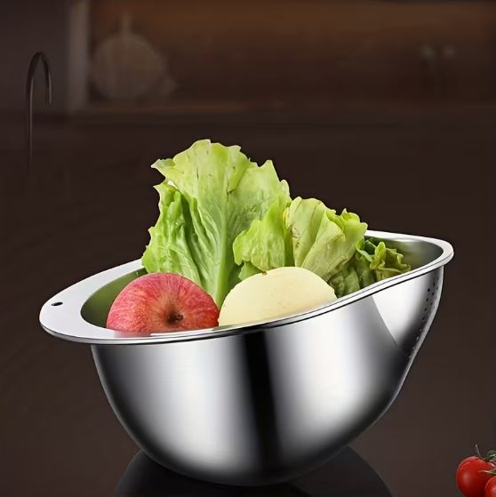 Stainless Steel Rice Washing Bowl with Drain Holes – Multipurpose Strainer Colander for Rice, Fruit & Vegetables
