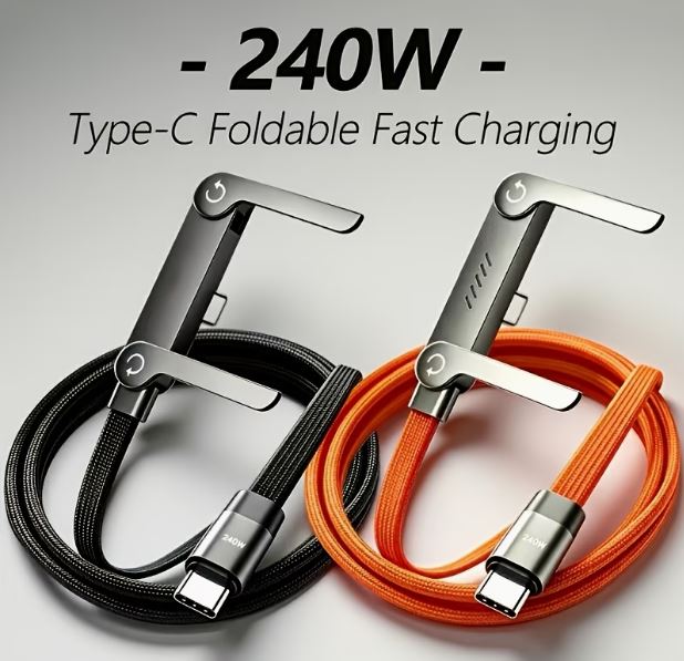 240W Foldable USB-C Fast Charging Cable with Phone Stand – Multi-Angle Rotating Holder, Braided Nylon Charging Cord