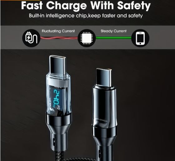 240W USB-C to USB-C Fast Charging Cable with LED Digital Display – Braided PD Charge Cord, 200cm