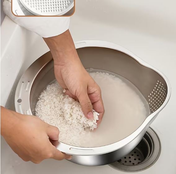 Stainless Steel Rice Washing Bowl with Drain Holes – Multipurpose Strainer Colander for Rice, Fruit & Vegetables
