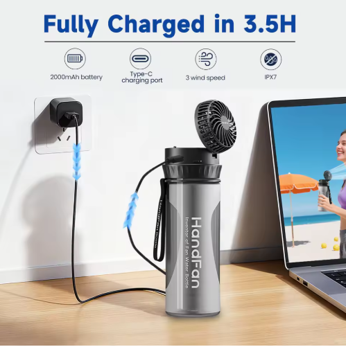 2-in-1 Water Bottle with Built-In Foldable Fan, Portable Dual-Drinking Cooling Fan Water Bottle, Hidden Fold-Out Fans, Sports Water Bottles for Office Travel Gym & Outdoor