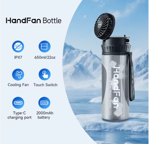 2-in-1 Water Bottle with Built-In Foldable Fan, Portable Dual-Drinking Cooling Fan Water Bottle, Hidden Fold-Out Fans, Sports Water Bottles for Office Travel Gym & Outdoor