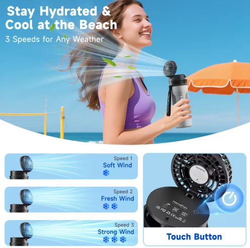 2-in-1 Water Bottle with Built-In Foldable Fan, Portable Dual-Drinking Cooling Fan Water Bottle, Hidden Fold-Out Fans, Sports Water Bottles for Office Travel Gym & Outdoor